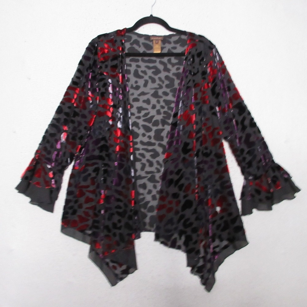 Multiples Top Cardigan Large Velvet Burnout Whimsigoth Grunge Open Front Leopard